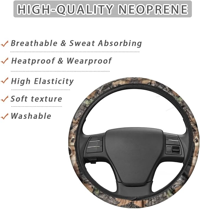 Deer Camo Hunting Forest Grey Car Steering Wheel Cover Universal 15 inch Anti-Slip Auto Steering Wheel Protector Car Interior Decor for Women Men