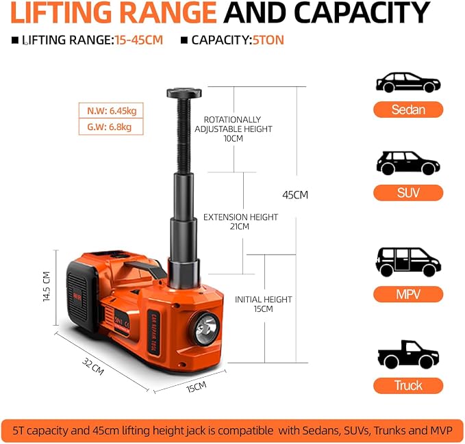 Car Jack Electric Hydraulic Jack 5Ton 155-450mm LCD Display 3in1 Lift Inflator LED Light 12V Portable Outdoor Home Emergency Tire Change Roadside Rescue Tool for Sedan SUV Truck