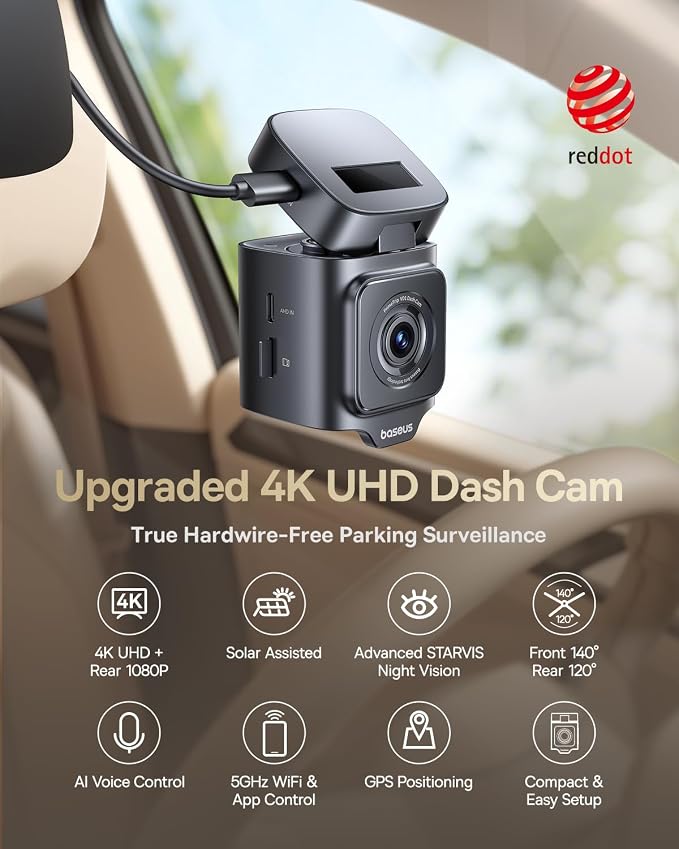 VD1 Pro Solar Dash Cam Front and Rear, 4K+1080P Dash Camera for Cars, Battery Powered Parking Mode, Starvis Night Vision, 32 GB Card Included, 5GHz WiFi, GPS, Wide Angle,Voice Control