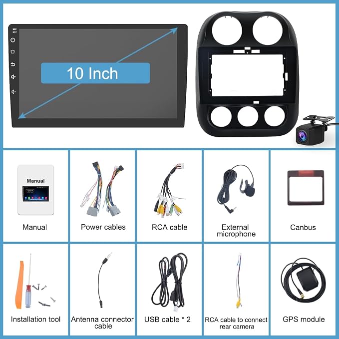 4Core 64GB ROM Car Radio Stereo for Jeep Compass Patriot 2010-2016 10 inch Touch Screen with CarPlay Android Auto Bluetooth 5GWiFi GPS AHD Backup Camera