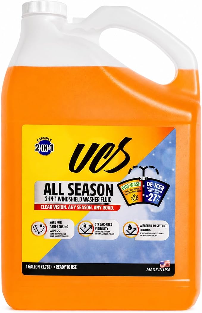 Advanced All-Season Windshield Washer Fluid -27°F, Water Repellent Technology, Powerful Bug Remover, Streak-Free Cleaning, Ready-to-Use RTU, 1 Gallon