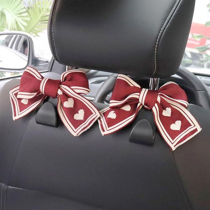 Mandark 2PCS Car Seat Headrest Hooks, Cute Bow Vehicle Hooks for Purses and Bags, Automotive Purse Hook Hanger Interior Decoration Accessories, Universal for SUV, Sedan, Truck (Red Line)