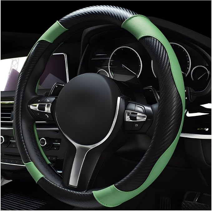 Car Steering Wheel Cover, 15 Inch Leather Breathable Auto Steering Wheel Protector, Comfortable Non-Slip Vehicle Steering Wheel Covers, Universal Car Accessories (Green, with Lining)