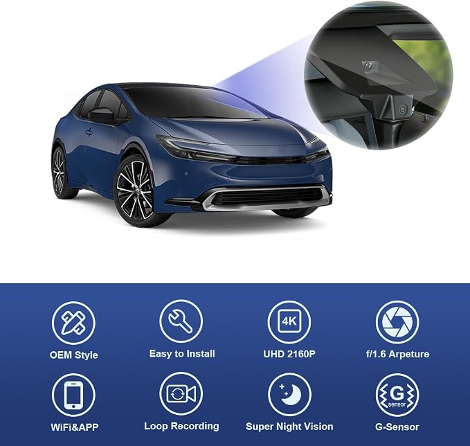 4K Dash Cam Suitable for Toyota Prius 2023-2026 & Prime Plug-in Hybrid (XW60), OEM Factory Look, UHD 2160P Video, Built-in WiFi & APP, Loop Recording, G-Sensor, Plug & Play, 64GB Card
