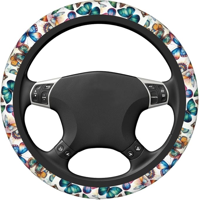 Colorful Butterfly Neoprene Steering Wheel Cover for Men Women Anti-Slip Elastic Steering Wheel Protective Cover 15in Universal Car Accessories Fit Cars, SUVs, Auto