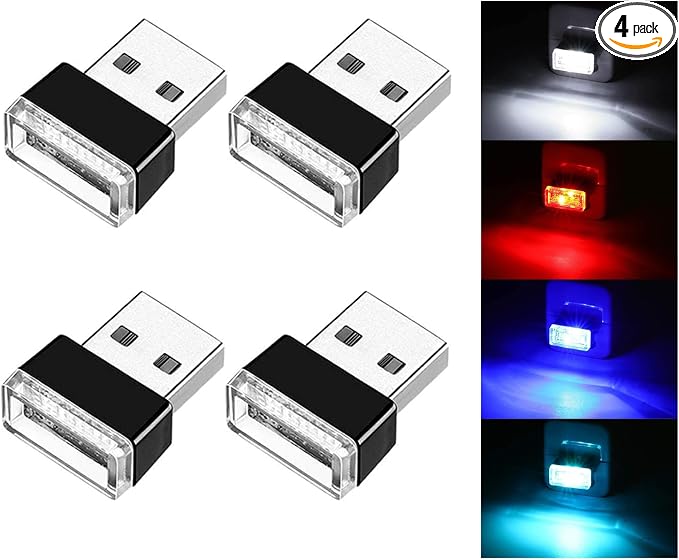 4 PCS USB LED Car Interior Atmosphere Lamp, Portable Mini LED Night Light, Plug-in USB Interface Trunk Ambient Lighting Kit, Car Accessories (White, Blue, Red, Ice Blue)