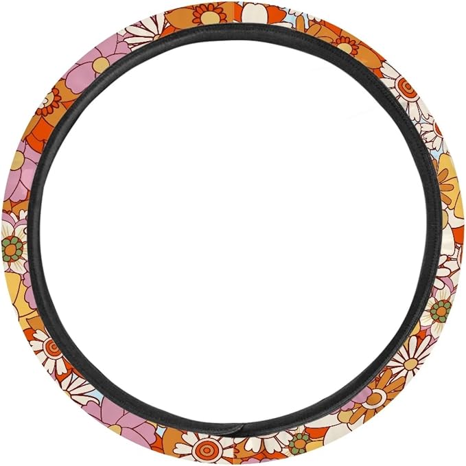 Retro Hippie Flower Pattern Universal Steering Wheel Cover Sweat Absorption Car Wheel Cover Polyester Cover with Anti-Slip Lining Car Decoration Fit Most Van Truck Car SUV