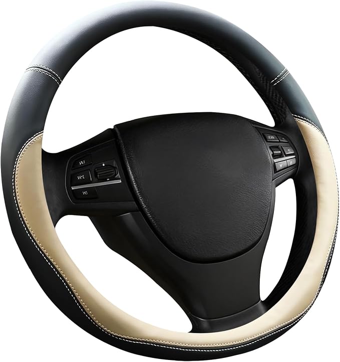 Beige Car Steering Wheel Cover, Nappa Leather, Bottom Color Blocking, Universal 14.5-15 Inch Leather Anti-Slip Breathable Auto Steering Wheel Covers for Men Women