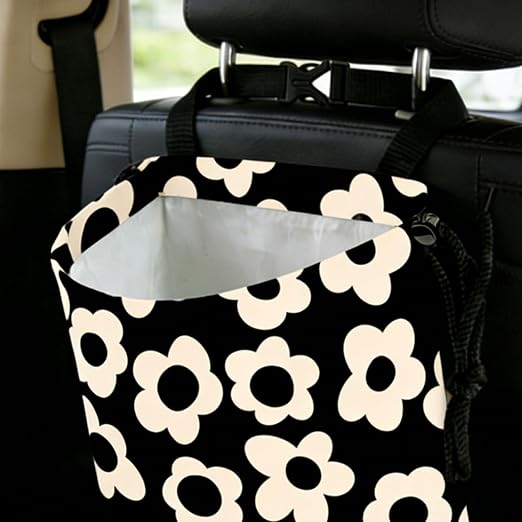 Black Flower Car Trash Bag - Waterproof Car Trash Bag Hanging Leakproof Car Garbage Bag - Washable Reusable Trash Bag for Car Interior Hanging Organizer Storage Vehicle Travelling Camping