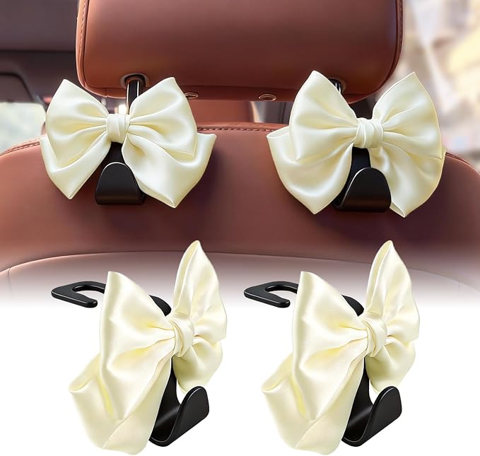 Car Seat Headrest Hook, Bow Car Purse Hooks, Auto Seat Hook Hangers Storage Organizer Interior Accessories for Purse Coats Umbrellas Grocery Bags Handbag, 2-Pack (White)