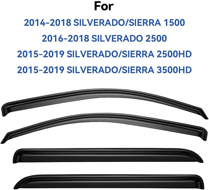 Window Visors Rain Guards for 2014-2018 Chevy Silverado/GMC Sierra 1500 Full-Size Cab, Out-Channel Window Vent Wind Deflectors Visors Shades for 2015-2019 Silverado/Sierra 2500HD 3500HD Crew Cab
