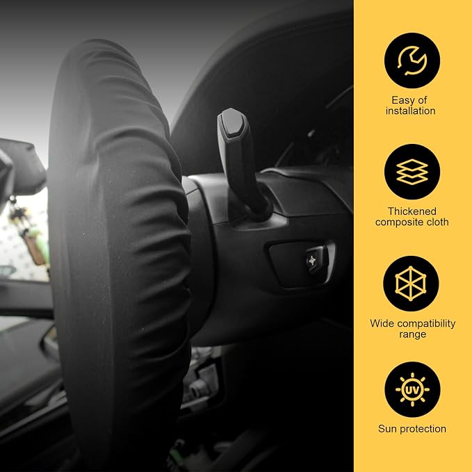 Car Steering Wheel Cover Sun Shade, 15.7" All-round Sun-proof and Anti-aging Protector for All Seasons, Thickened Waterproof Sunshade Cover, Universal for Most Car Truck SUV (Black)