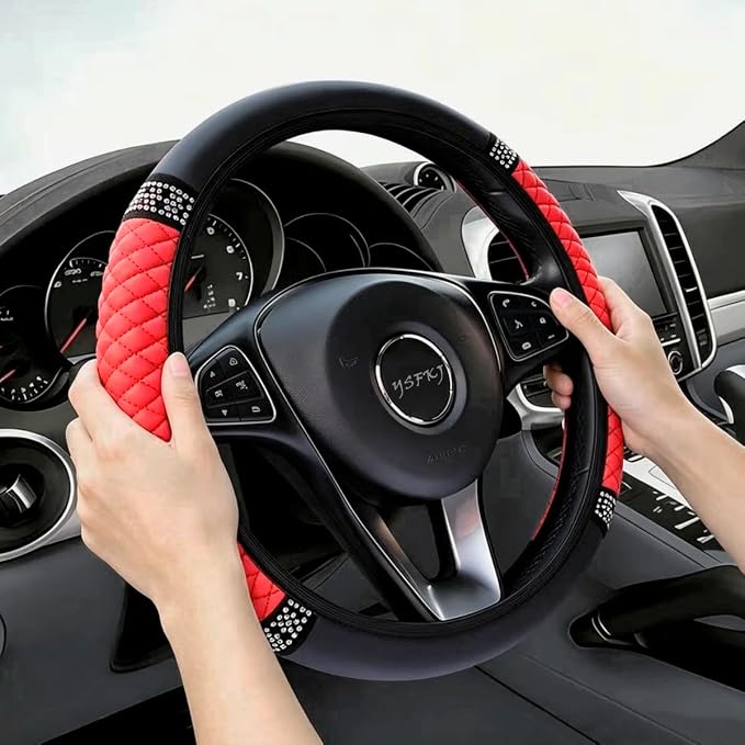 Soft Leather Car Steering Wheel Cover, Universal 15 Inch Colorful Rhinestones Anti-Slip Elastic Steering Wheel Covers for Most Cars, Sparkly Crystal Diamond for Women Girls (Red)