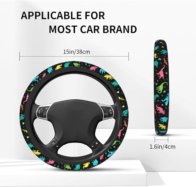 Dinosaurs Colors Cartoon Dinos in Neon Steering Wheel Cover Car Accessories Cute for Women Girls Girly Universal 15 Inch Neoprene Auto Interior Decor Anti Slip Car Truck Protector