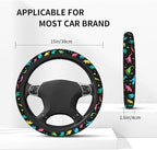Dinosaurs Colors Cartoon Dinos in Neon Steering Wheel Cover Car Accessories Cute for Women Girls Girly Universal 15 Inch Neoprene Auto Interior Decor Anti Slip Car Truck Protector