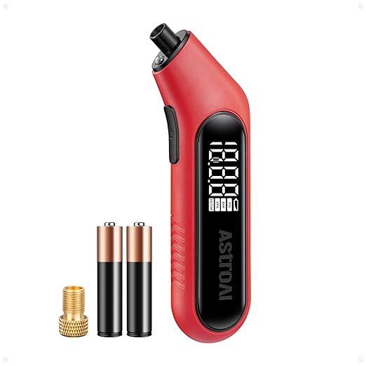 Digital Tire Pressure Gauge 3-300PSI Calibrated to ANSI B40.7 Grade 2A (0.5%), Backlight and Flashlight, Presta Valve Adaptor Included, 4 Units, AAA Batteries, Red