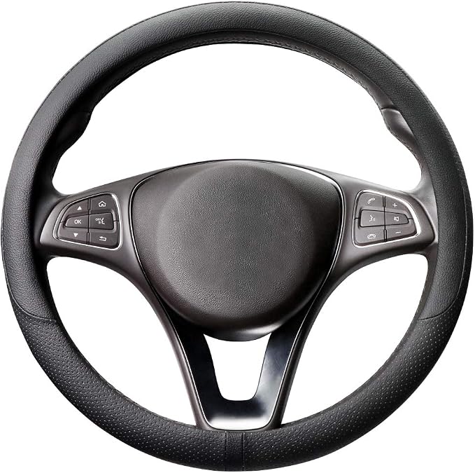 Breathable Car Steering Wheel Cover 15 inch Auto Universal Leather Wrap Non-Slip Steeringwheel Protector Automotive Interior Accessories, Black (Suit for 14 1/2-15 inch)