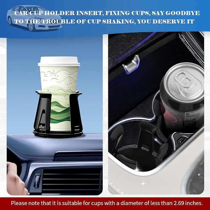 2 Pack Car Cup Holder Insert, Self Adhesive Adjustable Cup Holder Expander with Clamping Arms for 3 Inch Car Cup Slot (2)