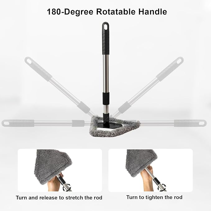 Conliwell Windshield Car Cleaning Tool, 13-16.7-inch Extendable Handle with 180-Degree Rotation and 4 Reusable Microfiber Cloth Heads, Suitable for Cleaning Car Windows Inside and Out (Black)
