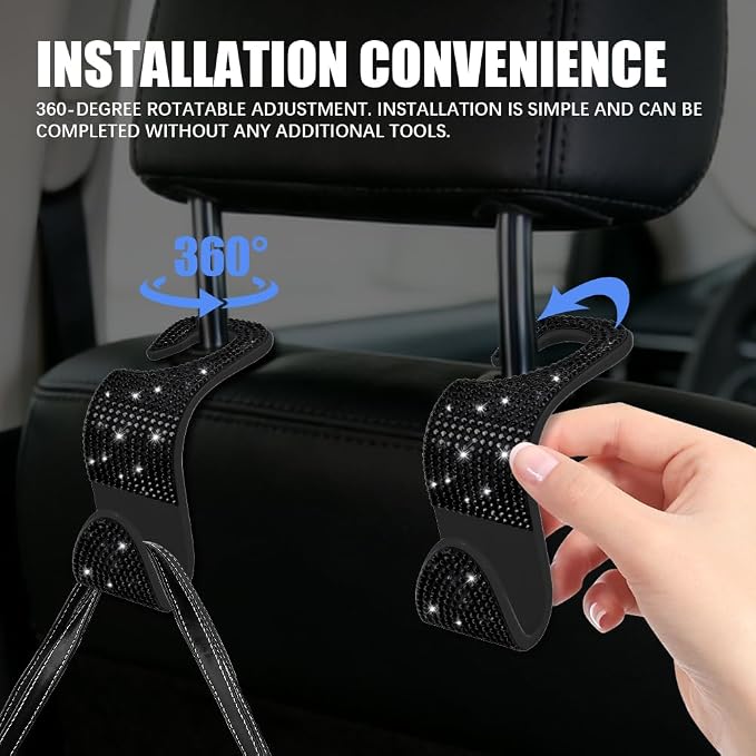 4PCS Bling Car Seat Headrest Hooks, Purse Holder for Car, Vehicle Back Seat Purse Handbag Hanging Holder with Crystal Rhinestone, Diamond Car Rear Seat Organizer for Vehicles (Black)