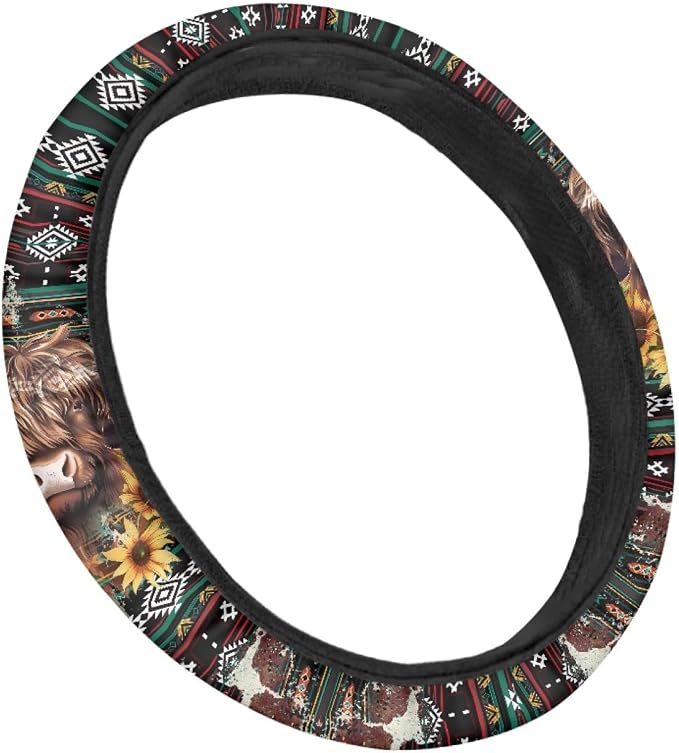 Aztec Highland Cow Sunflower Car Steering Wheel Cover Universal 15 Inch Breathable Better Grip, Cute Car Accessories Decoration for Women Men