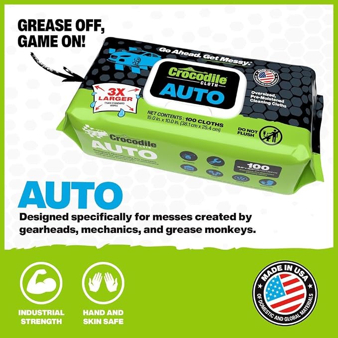 Auto Cleaning Wipes – 100 XL (15" x 10") Disposable Wipes for Car Engine Degreasing, Body Detailing & Tire Cleaning – Cuts Grease, Oil, Adhesives on Hands, Tools, Parts & More