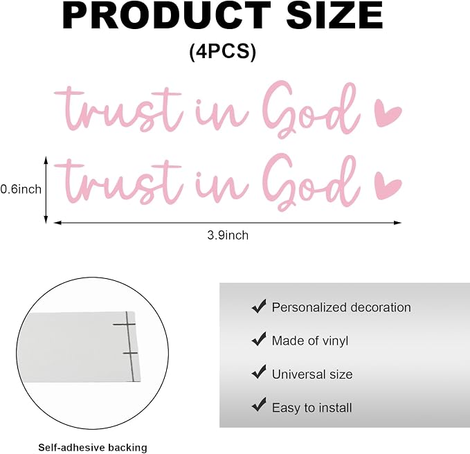 4PCS Trust in God Rearview Mirror Decals, Automotive Vinyl Rear View Mirror Decorative Stickers, Waterproof Trust in God Stickers for Car Truck Laptop, Car Accessories (Pink)