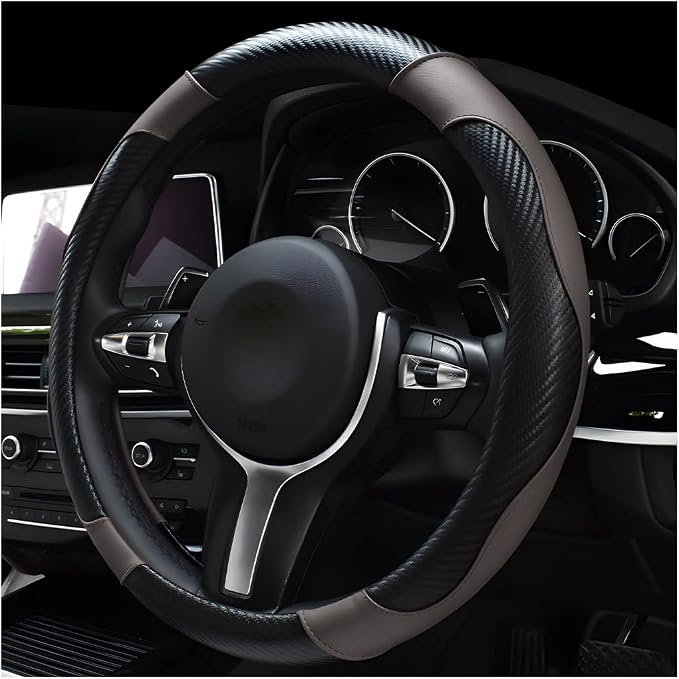 Car Steering Wheel Cover, 15 Inch Carbon Fiber Leather Stitching Color Steering Wheel Protector, Anti-Slip Elastic Breathable Steering Wheel Cover Stylish Decor for Most Cars (Black & Gray)