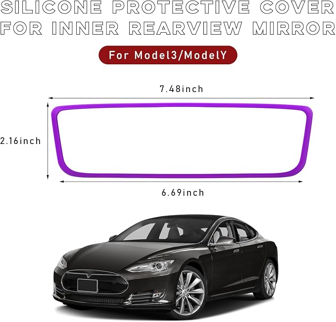 Car Rear View Mirror Protector Frame, Silicone Auto Rearview Edge Protection Cover Compatible with Model 3 Model Y, Interior Rear View Trim Frame Decoration, Car Accessories (Purple-1PCS)