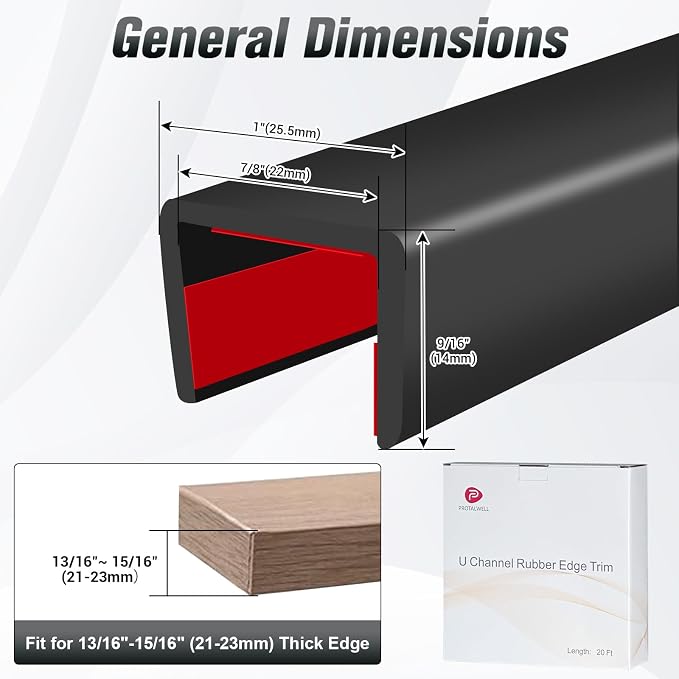 Rubber Edge Trim, Self Adhesive U Channel Edge Trim, Big Size U Shaped Trim, Edge Banding for Plywood, Woods, Shelf, Cabinet, Countertop, Size7/8 inch (22mm), Length 20Ft, Black
