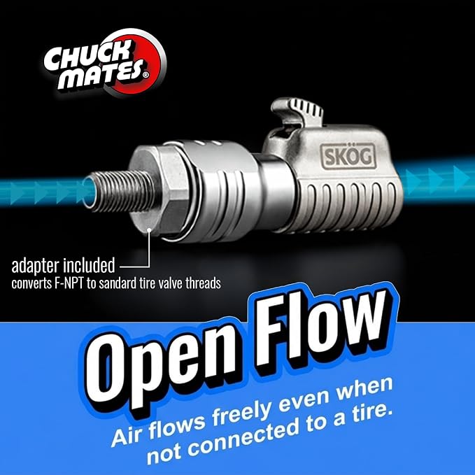 SKÖG Chuck Mates Platinum 1/4" F-NPT Quick-Connect Tire Air Chuck with 8mm Adapter (Open Flow) for Trigger-Type or Portable Tire Inflators