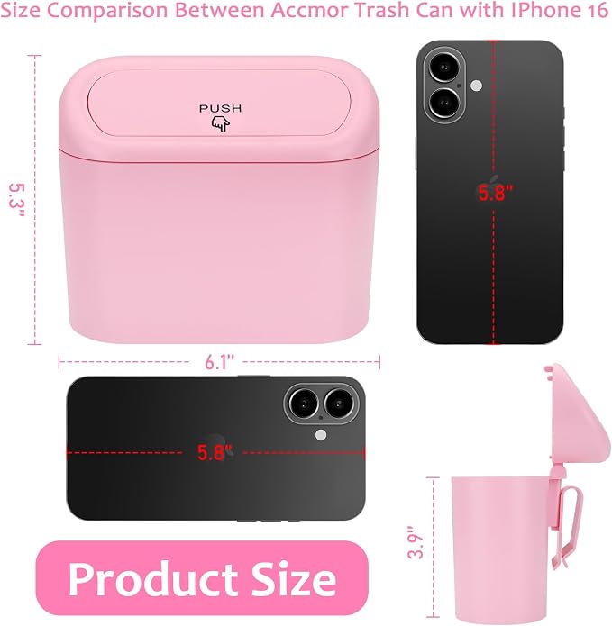 Car Trash Can with Lid, 2 Pack Pink Mini Vehicle Trash Bin Dustbin Garbage Organizer Holder with Trash Bag, Small Hanging Leakproof Auto Storage Bag Container for Car SUV Home Office