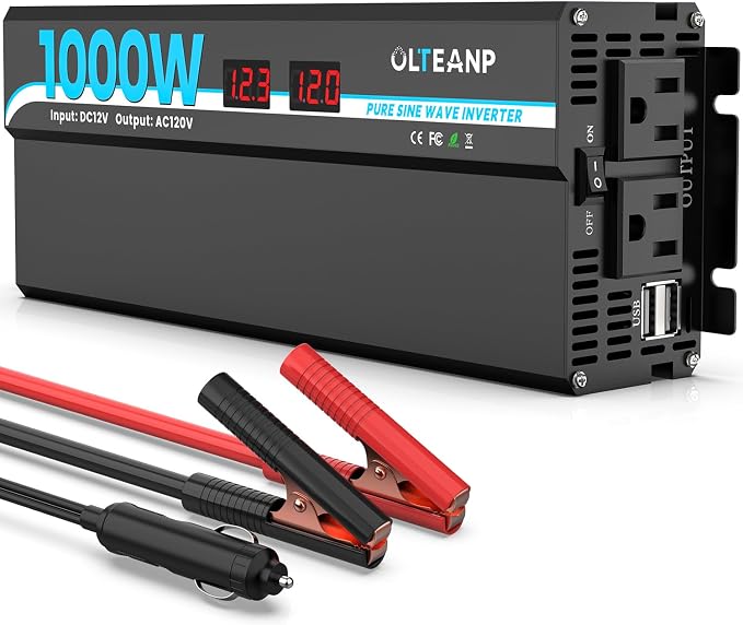 1000W Pure Sine Wave Inverter 12V DC to 120V AC Converter for Car, Truck, Home, Vehicles, Laptop, Car Inverter 12V to 110V with 2 AC Outlets, 2 USB Ports, LCD Display