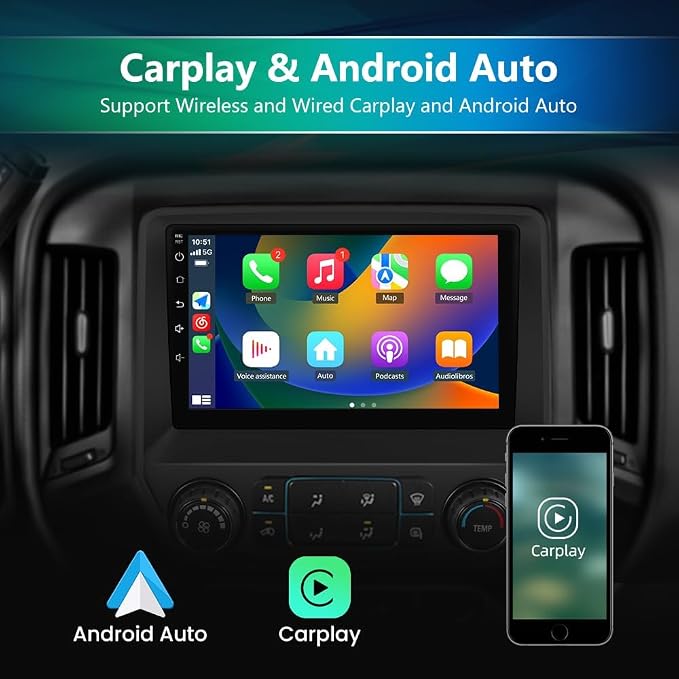 4Core Car Radio Stereo for Chevy Silverado GMC Sierra 2014 2015 2016 2017 2018 with 10 inch Touchscreen Wireless Carplay Android Auto FM WiFi Bluetooth SWC