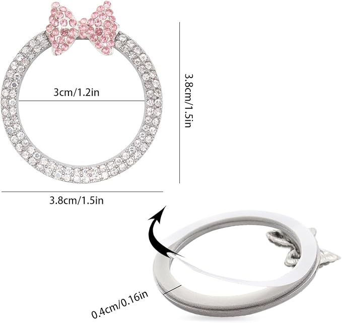 ORIESSE Pink Bow Car Accessories,Bow Tie Engine Start Button Ring,Bling Girly Silver Rhinestone Ring Start Stop Button Car Decor for Women,Ignition Ring Car Charm