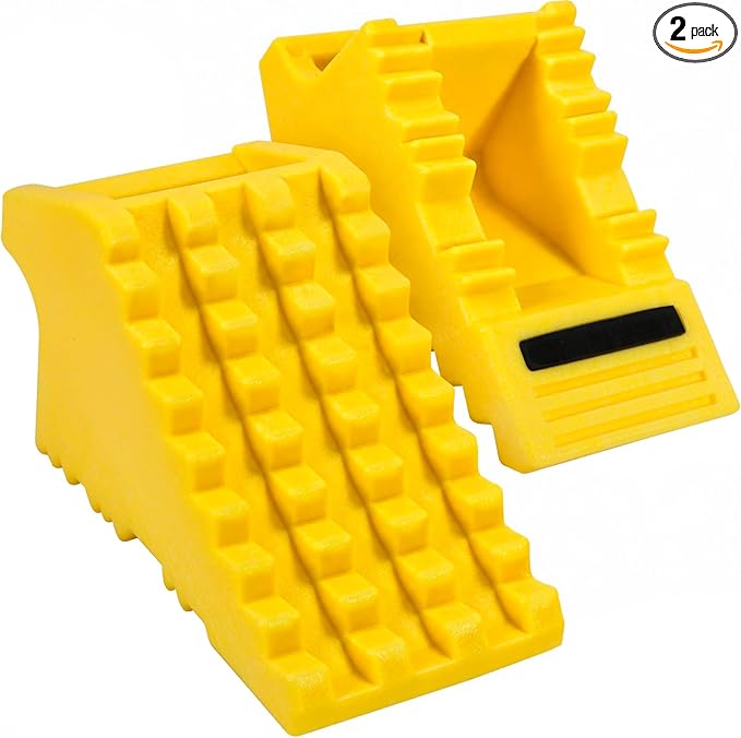 High Visibility Poly Foam Wheel Chock 2-Pack | 8" x 4" x 4" Lightweight Tire Stop | Slip-Resistant Rubber Base | Built-in Handle | Safety Yellow (50503)