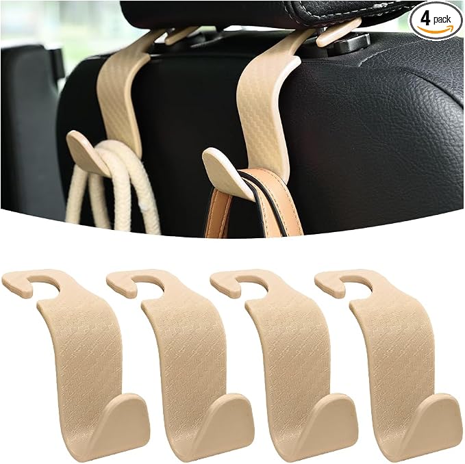 Car Seat Headrest Hook, 4 Pack Auto Seat Hanger Storage Organizer for Purse Handbag Coats Grocery Bags, Car Interior Accessories, Universal Vehicle Backseat Plastic Hanging Hook (Beige)