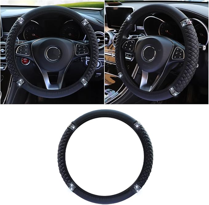 15 Inch Bling Soft Leather Car Steering Wheel Cover, Black | Colorful Rhinestones Design, Auto Elastic Protector for Women Girls, Crystal Diamond Car Accessories for Most Cars, SUVs