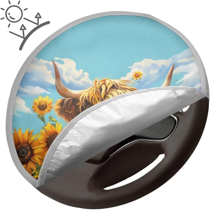 Sunflower Highland Cow Steering Wheel Sun Shade Cover Anti-Heat Steering Wheel Sun Block Cover,Cute Auto Accessories Interior Car Steering Wheel Cover for Women,17 inch Universal Fit