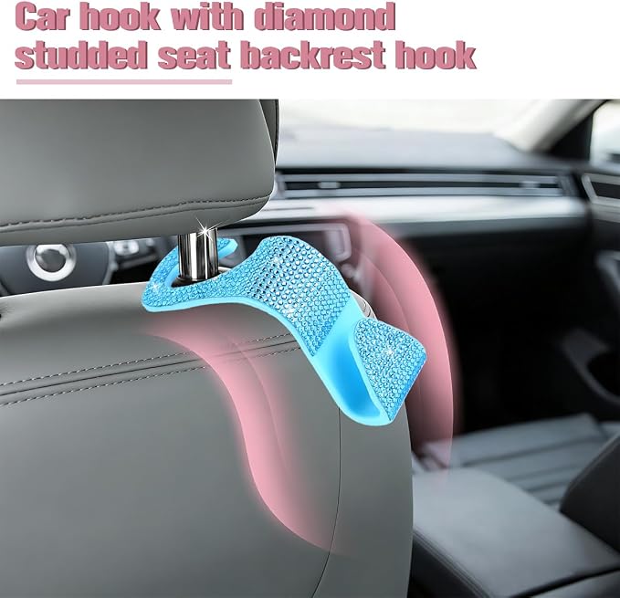 4PCS Bling Car Seat Headrest Hook, Crystal Rhinestone Backseat Hanger Organizer for Purse Handbag Umbrella, Shiny Auto Interior Seat Back Storage Holder Hook, Universal Fit (Lake Blue)