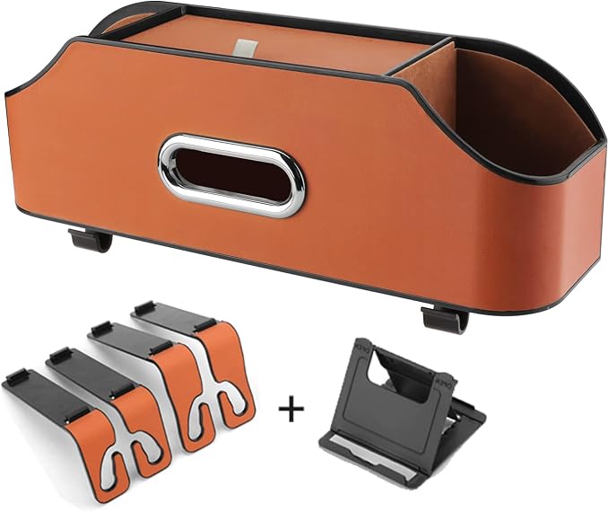 Car Back Seat Organizer with 2 Drink Cup Holder - Tissue Box and Storage Box Hook - Multi-functional Storage - Great for Kids and Travel (Orange)