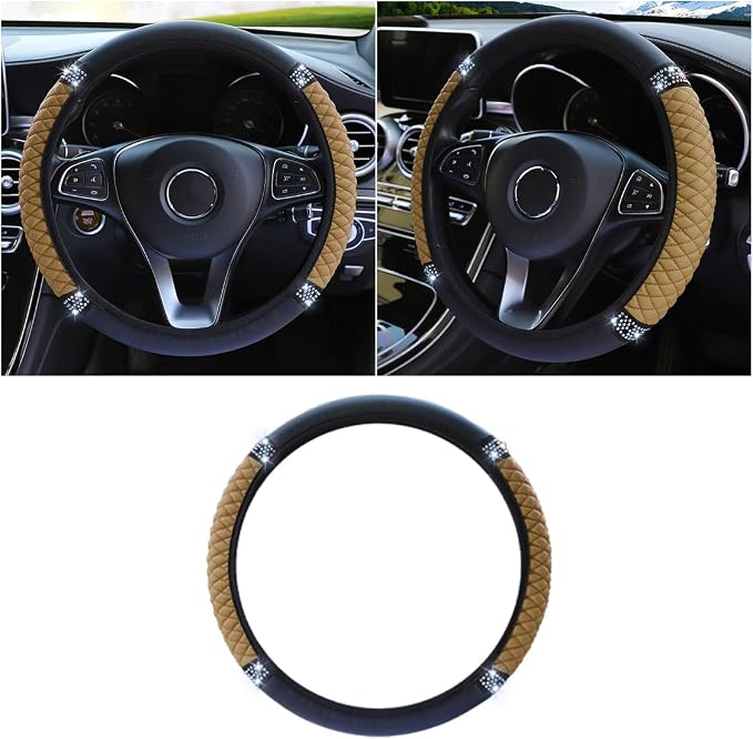 15 Inch Bling Soft Leather Car Steering Wheel Cover, Beige | Colorful Rhinestones Design, Auto Elastic Protector for Women Girls, Crystal Diamond Car Accessories for Most Cars, SUVs