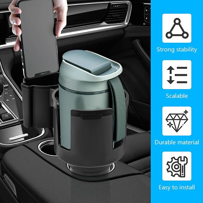 1 Pack Car Cup Holder Expander 2 in 1 Adapter with Expandable Base, Car-Seat Headrest Hook 4 Pack Hanger Storage Organizer fit Universal Vehicle Car Mugs in 2.2"-4.2" (10-48oz)