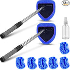 Car Windshield Cleaner Tool (2-Pack) with Extendable Handle, Inside Auto Window Glass Cleaning Kit with 8 Washable Microfiber Pads & Spray Bottle, Streak-Free Defogger Wand for Deep Dashboards