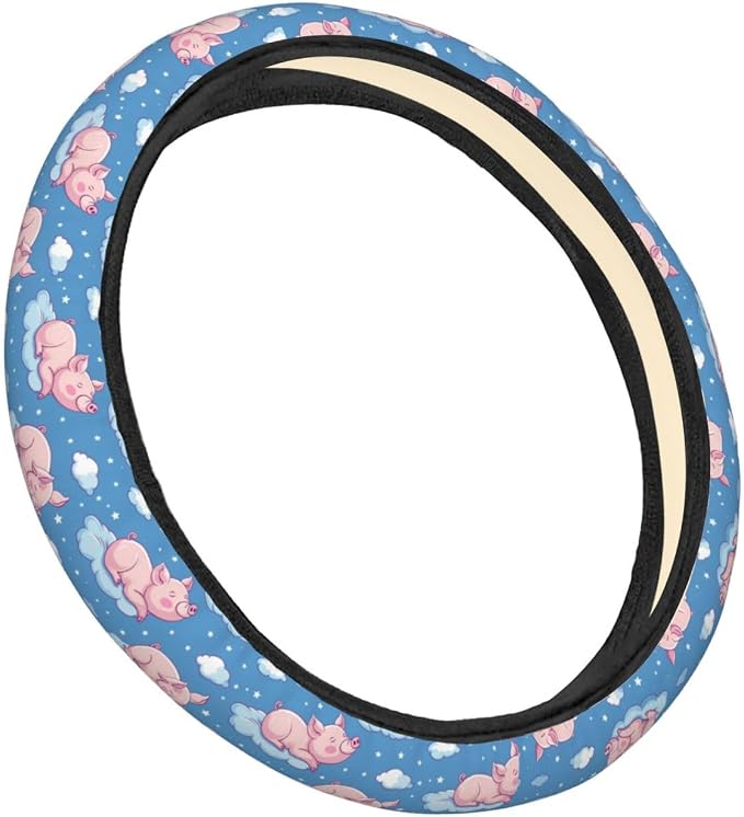 Cute Sleeping Pig Clouds Steering Wheel Covers Anti-Slip Elasticity Car Accessories Steering Wheel Protector Universal 15 Inch for Cars SUV Vehicle Truck