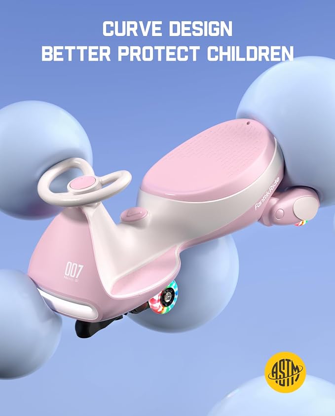 N7 Pro Electric Wiggle Car, Rechargeable Battery, CyberWiggle, 2 in 1 Swing Car, 2 Speeds Max 4 Mph, Anti-Rollover, Flashing Wheels, Bluetooth, Ages 3+, 150 Lbs,Pinkish White