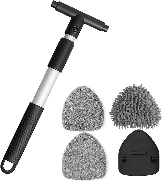 Car Windshield Cleaner Tool, Extendable Handle Triangle Vehicle Window Cleaner with 3 Washable and Reusable Microfiber Pads, Auto Windscreen Cleaning Tool, Universal Fit