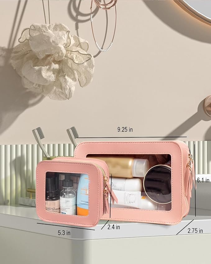 2 Pcs Clear Makup Bag Set, Clear Cosmetic Bags with Zipper Waterproof Small Travel Cosmetic Case Cute Make Up Pouch Mini Car Essentials for Women Travel Car Organizer