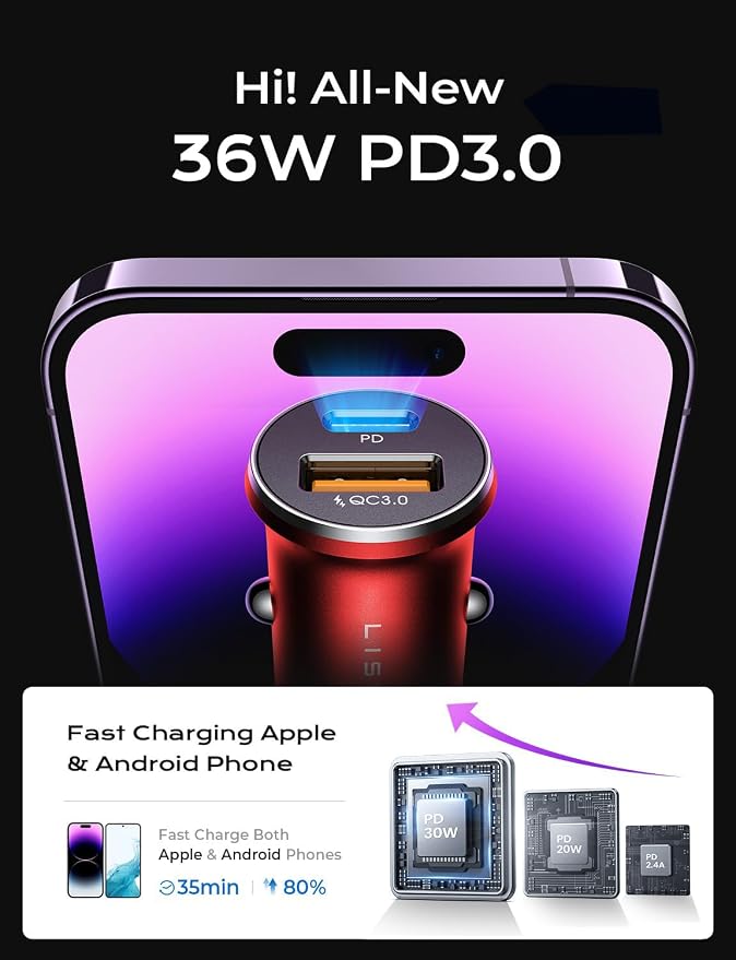 2-Pack USB C Car Charger Adapter Fast Charge, 48W All Metal Cigarette Lighter USB Charger for iPhone 15 Smallest Flush Car Charger USB C for iPhone 14 Pro Max 13 12 Galaxy S23/22 iPad Pro-Red | Cigarette Lighter USB Charger, Car Accessories for M...
