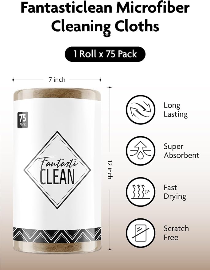 Microfiber Cleaning Cloth Roll- 75 Sheets, 12" x 12" (TAN) | Super Absorbent, Lint-free, Tear-away Microfiber Towel Roll, for All-Purpose Cleaning